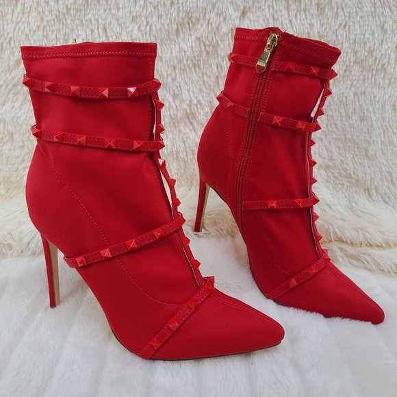 Billie by So Me  Studded 4" Ankle Bootie Red - Picture 2 of 7